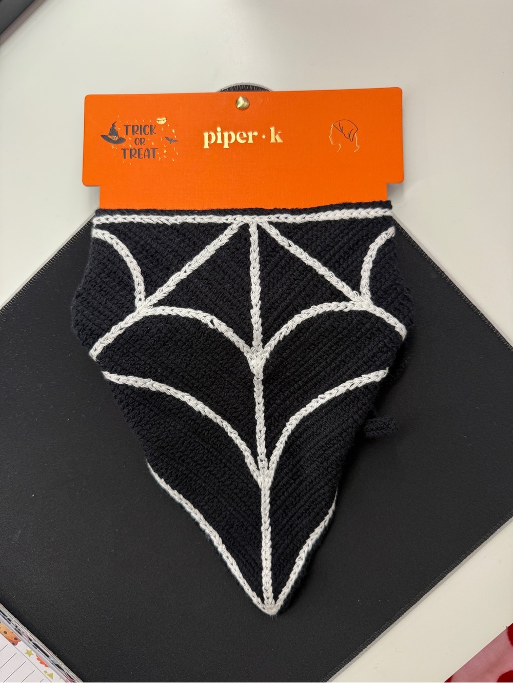 Piper K Halloween Crochet Spider Web Bandana Hair Head Scarf Black White NWT